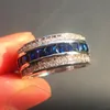Moda 10KT Ouro cheio de Princesa-corte Quadrado Cubic Zirconia Azul Anéis de Gemstone Wedding Band Jóias para Mulheres Dos Homens
