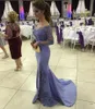 Lavendel Kant Prom Dresses 2017 Illusie Lange Mouw Sheer Mermaid Avondjurken Kant Party Dress Off -Stherleur Avond Wear Side Split