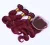 9A unverarbeitete brasilianische menschliches reines Haar mit Spitze Schließung 4 Stücke viel reine Farbe # 99j Wein rote Körperwelle spinnt mit Burgunder Top Closure
