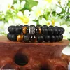 Nuovi monili all'ingrosso di modo 8mm perline di pietra agata opaca con CZ Black Cylinders Beaded Men Bracelet Bangle