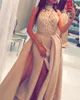 Arabe Dubaï col haut Robes de soirée en dentelle Robes de bal longues Overskirt Side Split Robes de soirée Satin robe de festa longo robes de soirée