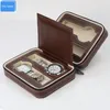 Bruin leer vier 4 slots ritssluiting reiziger's horloge opslag Organizer Collector Case Suede Interieur Horloge Case Sport Travel Doos