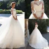 Bateau 3/4 Long Sleeves Pearls Tulle Princess Bridal Ball Gowns Plus Size Country Vintage Lace Millanova Wedding Dresses