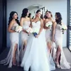 Applique Side Split Bridemaid Dresses 우아한 연인 민소매 Sash Mermaid 웨딩 게스트 드레스 2017 섹시한 새틴 공식 무도회 드레스