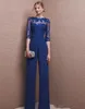 2019 Royal Blue Plus Size Mother of Bride Pant Suit 3/4 Lace Sleeve Mother Jumpsuit Chiffon Cocktail Party Evening Dresses Custom Made 119