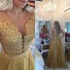 Gratis verzending Bekijk Vestidos de Festa Gold Prom Dress Sheer Back Appliqued Beaded Pearls Avond Prom Town Chiffon