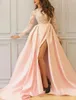 Long Sleeves Side-Split Prom Dress A-Line Stylish Jewel Applique Celebrity Evening Gowns 2017 Sexy See Through Satin Court Train Party Dress
