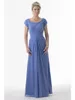 Blue Long Modest Bridesmaid Dresses With Short Sleeves Ruches Chiffon Cap Sleeves Floor Length Formal Country Bridesmaids Dresses