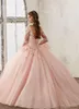 Baby Roze Quinceanera Jurken Kant Lange Mouwen V-hals Geappliceerd Baljurken Sweet 16 Prinses Pageant Jurk Voor Meisjes2022