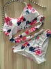 2017 New Sexy White Flower Print 2 Pieces Set Swimsuit For Women Halterneck Drawstring Bikinis With Low Waist Bottom