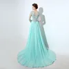 Роскошные вечерние платья Aqua Chiffon A-line с длинными рукавами 2019 Кружевное платье с глубоким V-образным вырезом Вечерние платья выпускного вечера