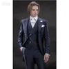 新しいデザインの朝スタイルネイビーブルー新郎Tuxedos新郎メンズの結婚式のスーツ最高の男スーツ（ジャケット+パンツ+ベスト+ネクタイ）BM：921