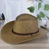 Moda verão Homens Sólida Palha Ocidental Cowboy Hat Com Corda Curling Selvagem Brim Cap Chin Strap Praia Sun Hats UV Proteção