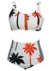 htzyhstore Bademode Push Up Palm Trees Print Retro Damen Badeanzüge mit hoher Taille Badeanzug mit Reißverschluss Bechwear Bikini-Set mit niedriger Taille
