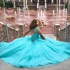 Błękitna Suknia Balowa Quinceanera Suknie 2018 Koronkowe Aplikacje Zroszony Słodkie 16 Długie Prom Dresses Custom Made Suknie wieczorowe Formalne zużycie