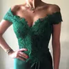 Green 2017 Evening Hunter Off Shoulder with Lace Applique A-Line Front Split Prom Dresses Back Zipper Sweep Train Custom Party Clows