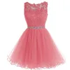 Crystal Appliques Short Homecoming Dresses Sheer Jewel Neck Keyhole Back A Line Cocktail Party Gowns For Girls New Arrival