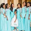 Turquoise lange bruidsmeisje jurken juweel 3/4 lange kanten mouwen avondjurken A-lijn terug rits op maat gemaakte vloer lengte bruidsmeisjesjurken
