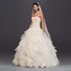 2019 Strapless Ruffled Skirt Wedding Dress Organza Zipper Back Appliques Bodice Sweep Train Custom Made Bridal Gowns CWG568