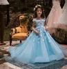 アイスブルーシアーネックフラワーガールドレスウェディングホワイトフローラアップリケ女子Pageantガウン中空バック子供誕生日パーティードレス