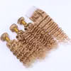 Grado 9A Honey Blonde Deep Wave Lace Closure # 27 Fasci di capelli ricci a onde profonde con chiusura in pizzo Capelli biondi castani Chiusura parte libera