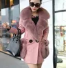 2017 new luxury women's natural fox fur collar big fur pockets genuine sheepskin leather white duck down medium long parka slim waist coat