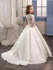 Elegant White Sheer Long Sleeves Girls Pageant Dresses Princess A Line Satin Lace Flower Girl Dresses For Weddings Party First Communion