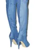 2017 женщины бедро высокие джинсовые сапоги дамы за колено высокие кружева пинетки синий деним высокие пинетки мода обратно zip mujer botas