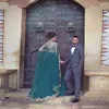 Arabski Cape Style Teal Prom Dresses 2017 Złote Koronki Aplikacje Sheer Powrót Linia Suknie Wieczorowe Tiul Długość Dubaj Formalna Party Dress