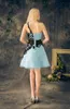 2021 Real Short Homecoming Dresses Light Sky Blue With Black Appliques Lace One Shoulder Cheap Party Dress9078130