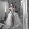 Blygsam sjöjungfru avtagbar tåg brudklänning hög nacke långärmad applikationer kristall bröllopsklänning över kjolar Ruffles organza bröllopsklänning