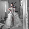 Modest Mermaid Detachable Train Bridal Gown High Neck Long Sleeve Appliques Crystal Wedding Dress Over Skirts Ruffles Organza Wedding Gown