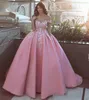Pink Off Shoulder Prom Dresses with Appliques Flowers Said Mhamad Satin Formal Dresses Evening Wear Zipper Back Custom Made Bridal Gowns