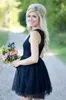 Granatowy Niebieski Krótki Kraj Druhna Dresses 2017 Tanie Jewel Beaded Collar Koronki Tulle Mini Wedding Party Formalna Suknia Custom Made EN9253