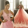 2017 Pembe Kadınlar Örgün Abiye Arapça Dantel Aplike V Boyun Kat Uzunluk SHEER GERI Özel Durum Elbise Balo Parti Törenlerinde