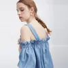 Denim Off The Shoulder Shirt Dress 2016 Women Sexy Bowknot Button Ruffle Jeans Mini Dress Bardot Tunic Casual Holiday Dress,Denim Off The Sh