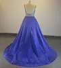 Gorgeous Blue Ball Gown Prom Dresses Spaghetti Straps V-Neck Long Evening Party Dress Satin Sweep Train Crystal Beads Real Photos Prom Dress