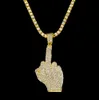 Luxury Full Iced Out Rhinestones Middle Finger Hand Pendant With 1 Row Tennis Chain And 6mm Rope Necklace Men