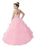 New Arrival Long Pink Girls Pageant Dresses Open Back Illusion Neck Sparkly Beading Ruffles Corset 2019 Wedding Flower Girl Dresse6591783