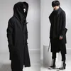 Wholesale- mens casual wool overcoat hooded fashion long trench coat men hip hop black long coat hoodie jacket