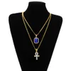 Egyptian Ankh Key of Life Bling Rhinestone Cross Pendant With Red Ruby Pendant Necklace Set Men Hip Hop Jewelry247a