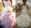 Custom Made 2016 Trouwjurken Sexy Sweetheart Neck Bling Beads Sash Blush Pink Mermaid Backless Tiered Ruches Fit and Flare Bridal Towns