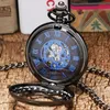 Wholesale-Black Flower Hollow Case Blue Roman Number Skeleton Dial Steampunk Mechanical Pocket Watch With Chain Gift To Men Women