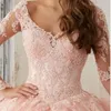 Baby Pink Quinceanera Dresses Lace Long Sleeve VNeck Appliqued Ball Dresses Sweet 16 Princess Pageant Dress For Girls6451765