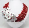 Collier multibrins en forme de puce de corail rouge naturel, avec fleurs en coquillage, 18 pouces