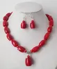Charming! Big Red Coral Column Shape Beads Necklace Earrings Set 18"