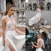 Moda laço applique vestidos de casamento frisado coxa alta fendas vestidos plus tamanho vestido de noiva com faixa