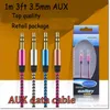Nouveaux câbles Audio AUX 3.5mm mâle à mâle, Extension de voiture stéréo, câble Aux pour MP3 pour téléphone, 10 couleurs avec emballage de vente au détail