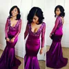 2K17 Sexy Fashion Prom Dresses Plunging Neckline Long Sleeves Appliques Mermaid Party Dresses Aso-ebi Style Black Girl Satin Evening Gowns
