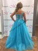 Jolies filles enfants infantile robes de pageant 2019 dentelle dos dos bleu ciel cristaux bleu cristaux strass bling petit bébé anniversaire robe